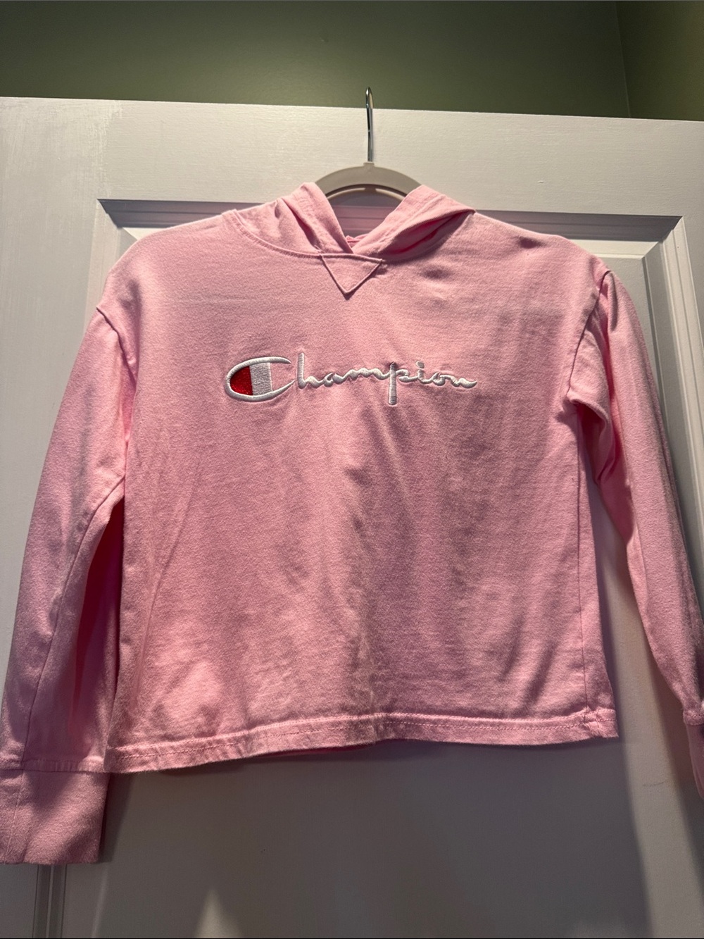 Champion Light Pink Hooded Shirt with Script Logo